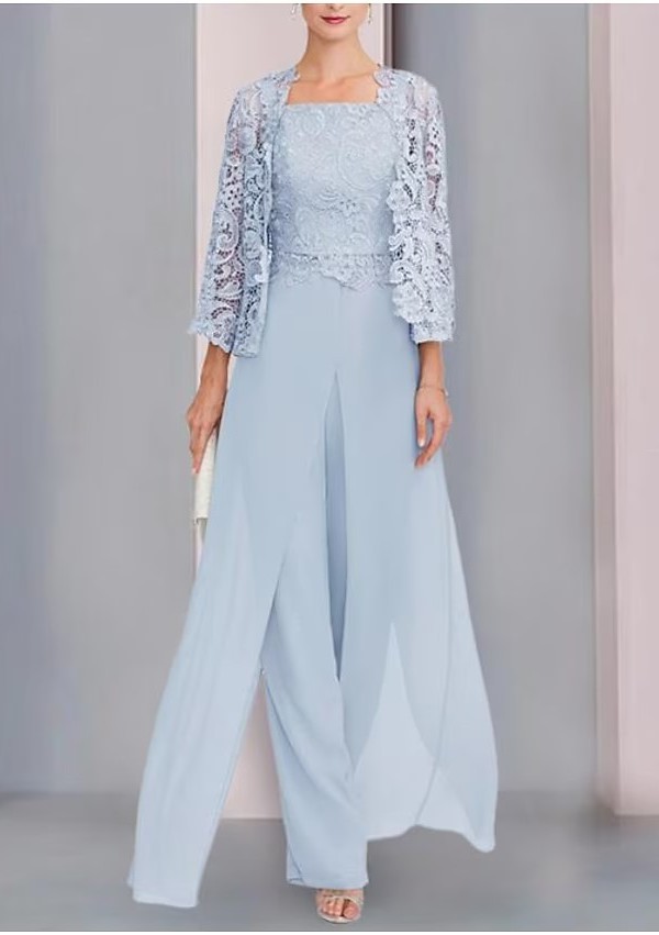 Light Blue Chiffon Mother of the Bride Dress with Jacket | 3-Piece Suit