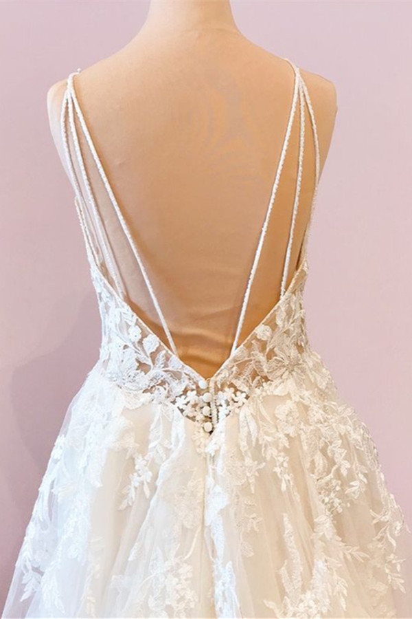 Spaghetti Strap Deep Double V-Neck Tulle Wedding Dress with Floral Lace Appliques