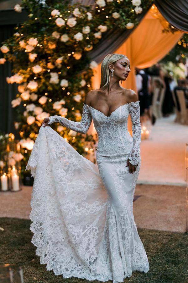 White Off-the-Shoulder Floral Lace Mermaid Wedding Dress with Sleeves