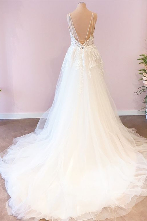 Spaghetti Strap Deep Double V-Neck Tulle Wedding Dress with Floral Lace Appliques