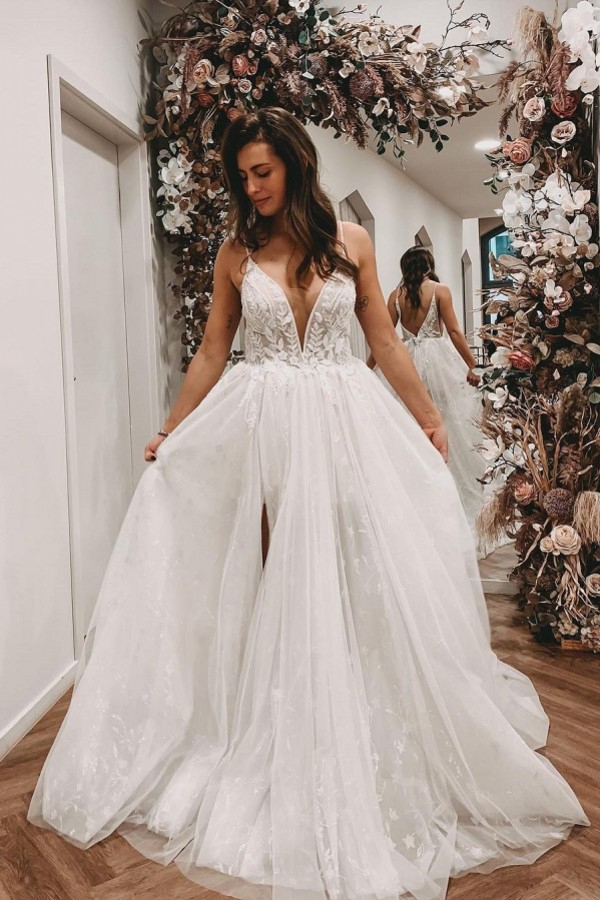 Simple Boho A-Line V-Neck Slip Lace Wedding Dress