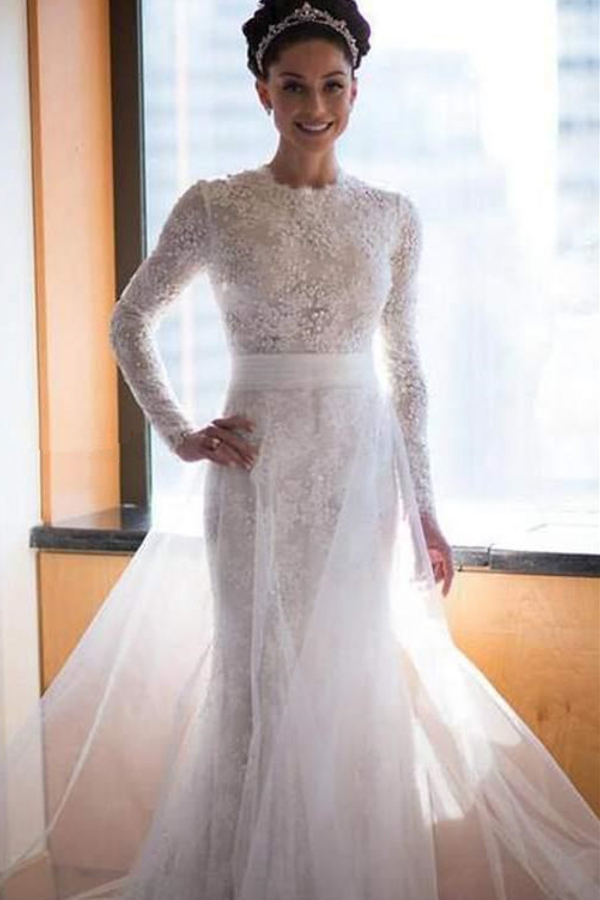 High Collar Long Sleeve Wedding Dress with Beading and Lace Sweep Train