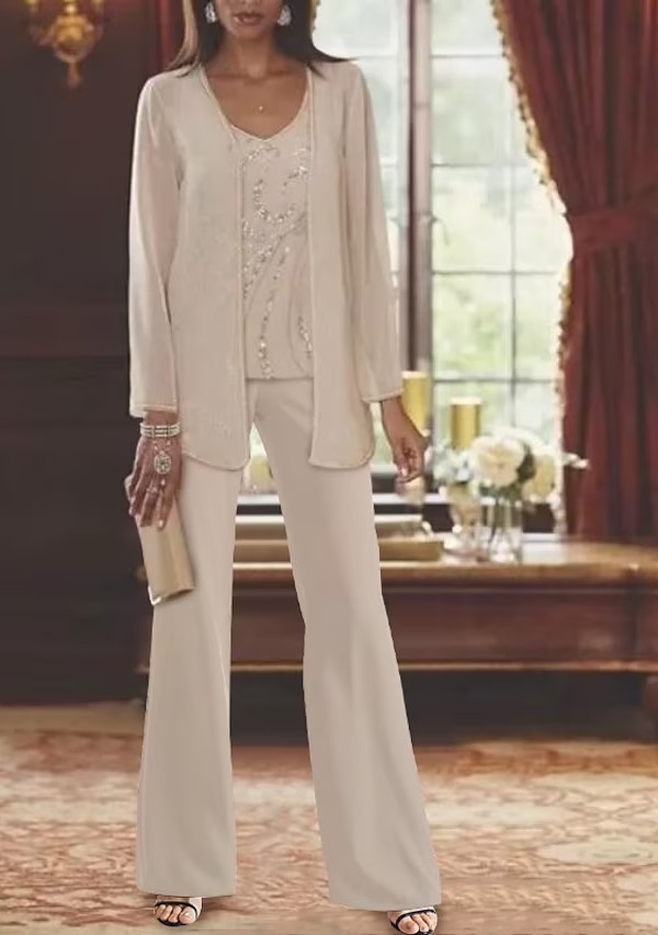 White Chiffon Mother of the Bride Dress with Jacket | 3-Piece Suit