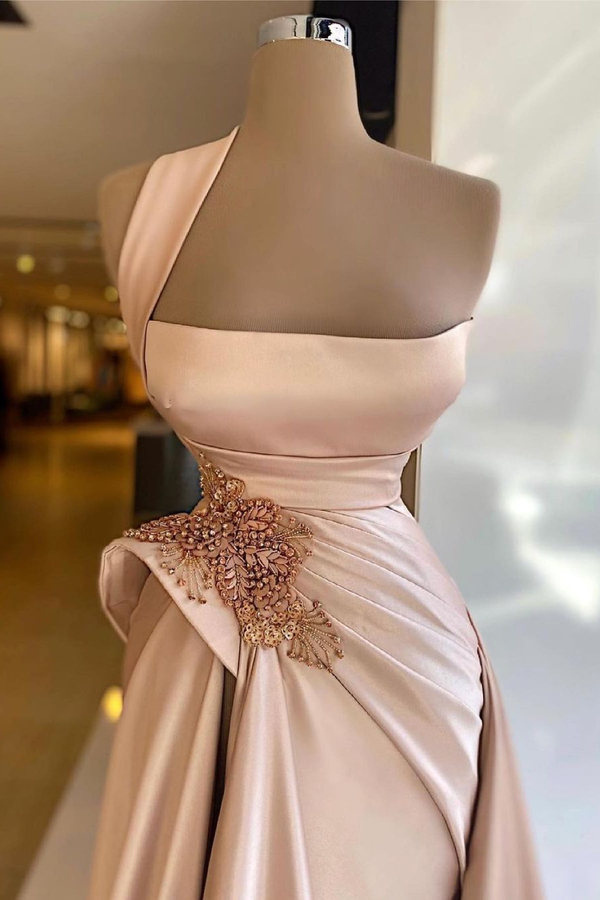 Glamorous Beaded Sleeveless Satin Prom Dress