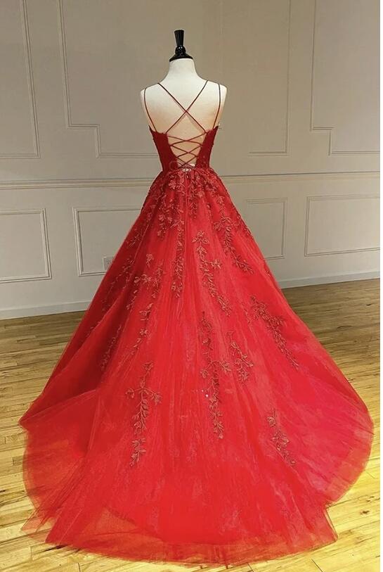 Red Lace Appliqué Ball Gown Floor-Length Evening Dress