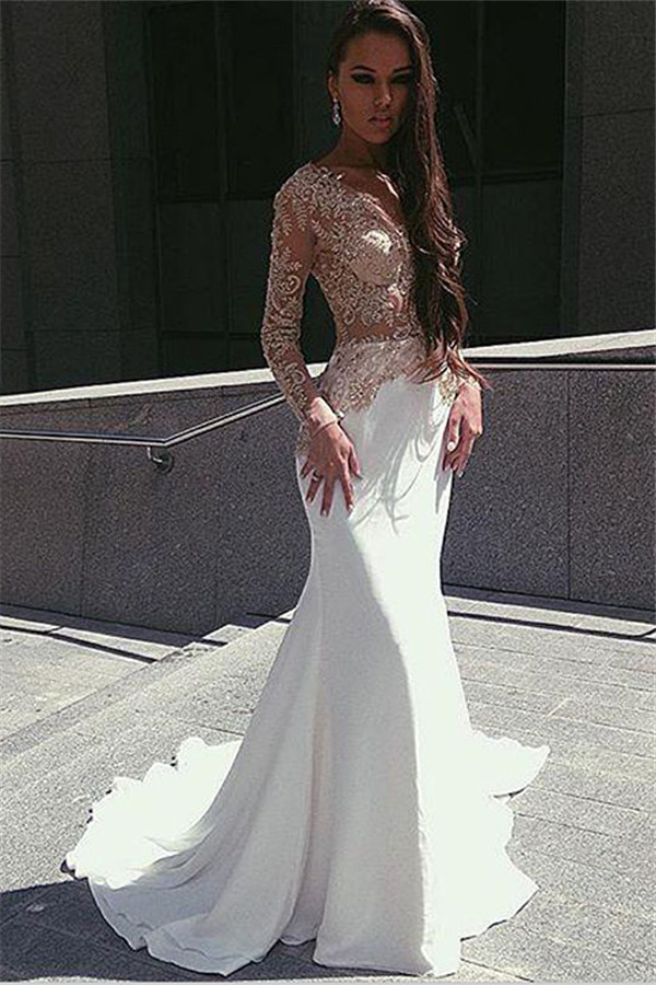 Champagne Gold Appliques Long Sleeves Prom Dress | Mermaid Sexy Evening Gown