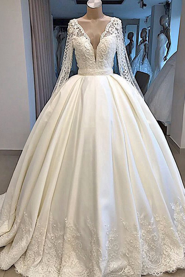 Long Sleeve Plunging V-Neck Ball Gown Satin Wedding Dress with Pearls