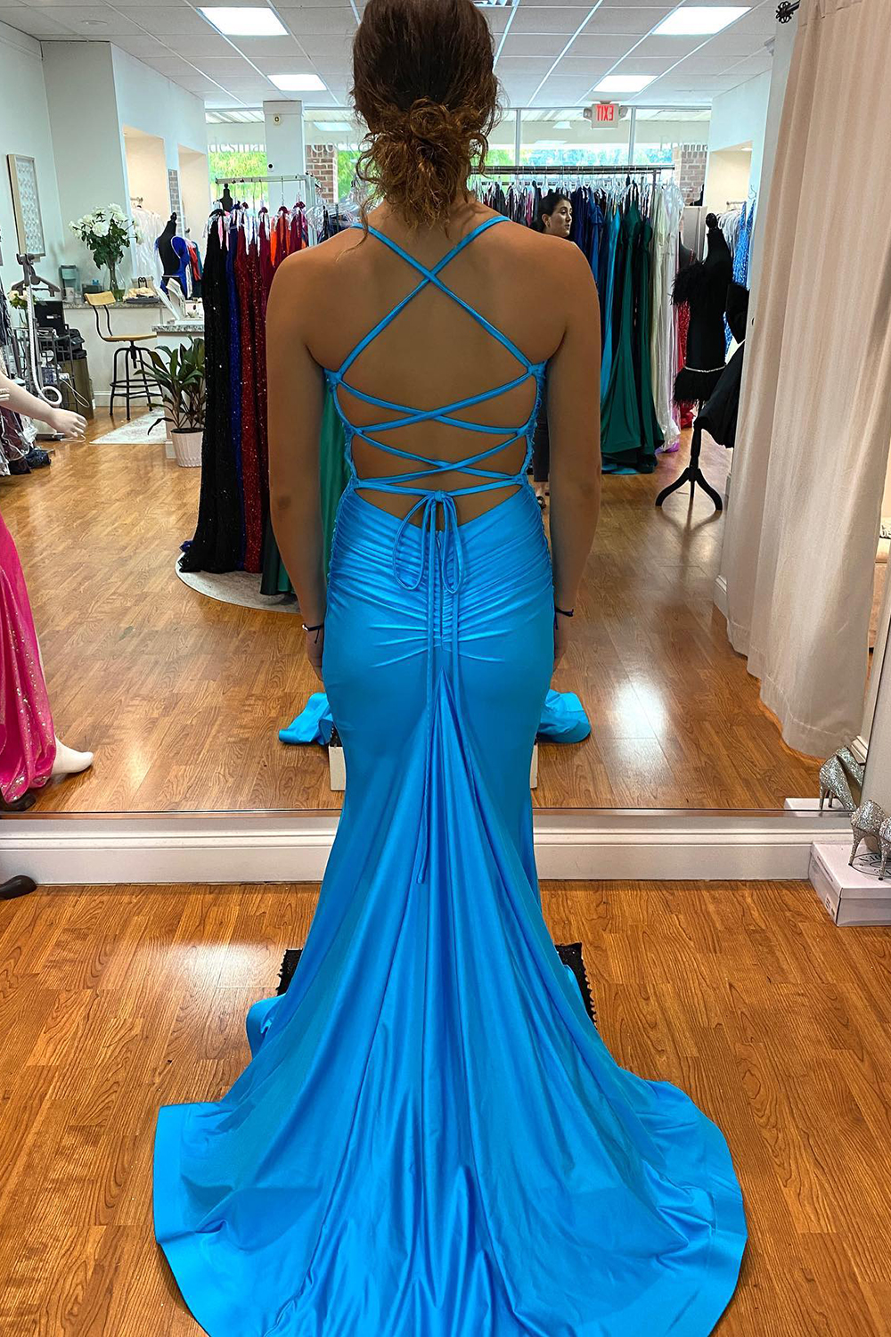 Sleeveless Blue Mermaid Elastic Satin Prom Dress