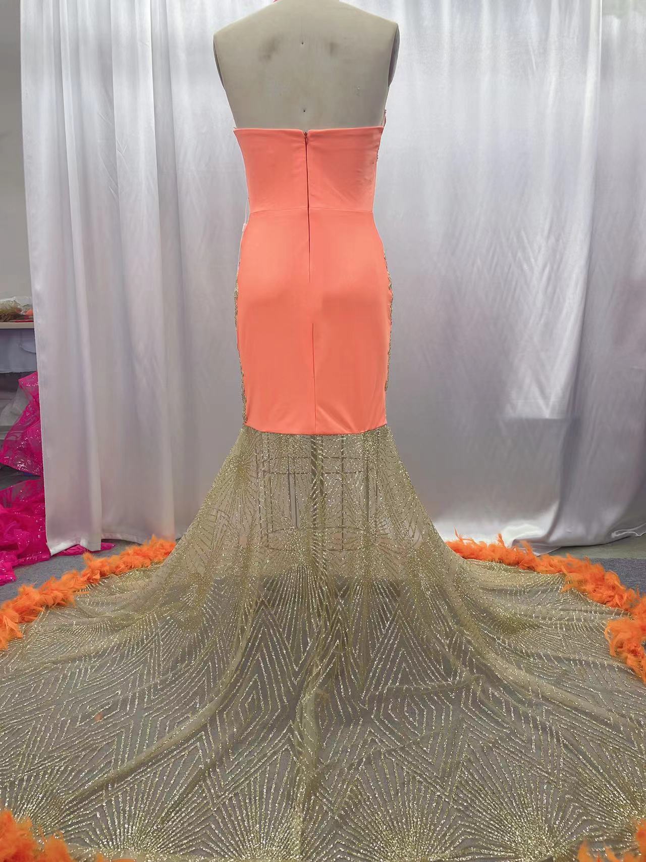 Sparkling Tangerine Ball Gown Prom Dress with Lace