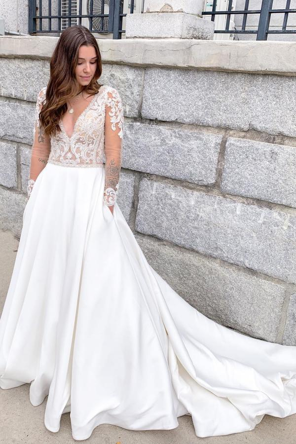 Romantic Soft Lace V-Neck Long Sleeve A-Line Wedding Dress
