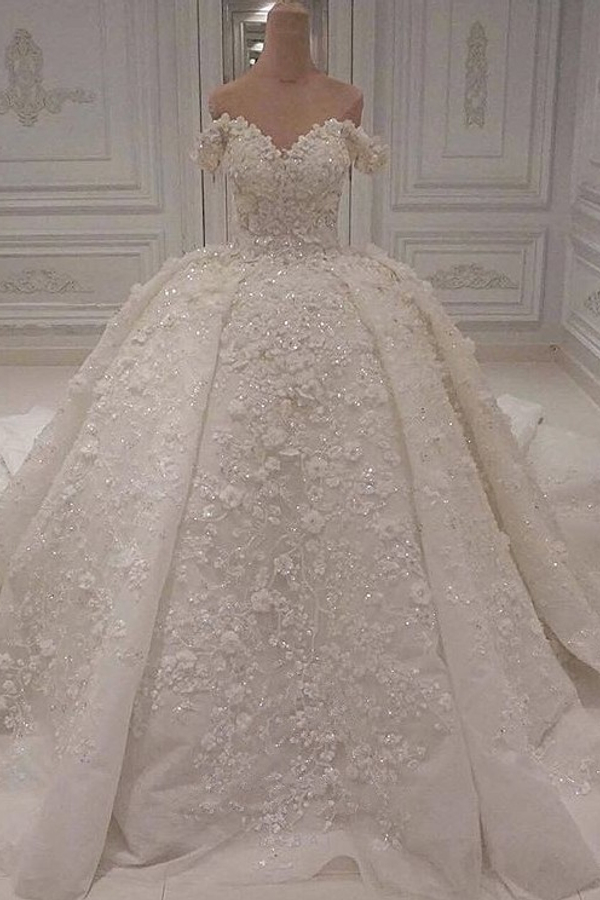 Charming Off-Shoulder Lace Beaded Ball Gown Wedding Dress