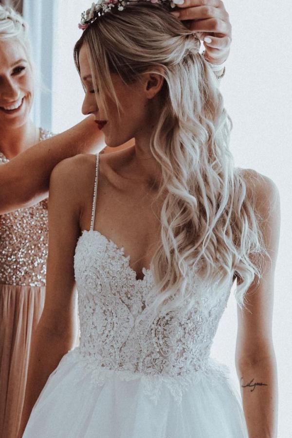 Simple Aline Wedding Dress Spaghetti Straps Tulle Floral Lace Bridal Dress