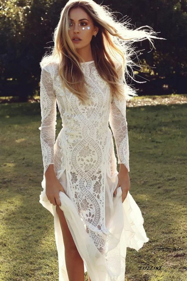 Elegant Boho Long Sleeve Backless Lace Beach Wedding Dress | Simple Summer Casual Bridal Gown