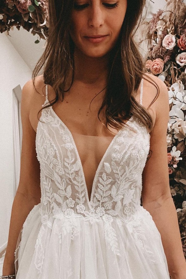 Simple Boho A-Line V-Neck Slip Lace Wedding Dress