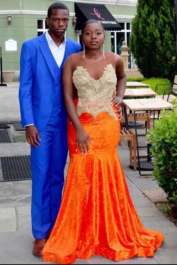 Bright Orange Sweetheart Appliqués Mermaid Evening Maxi Dress | Crew Neck Prom Dress