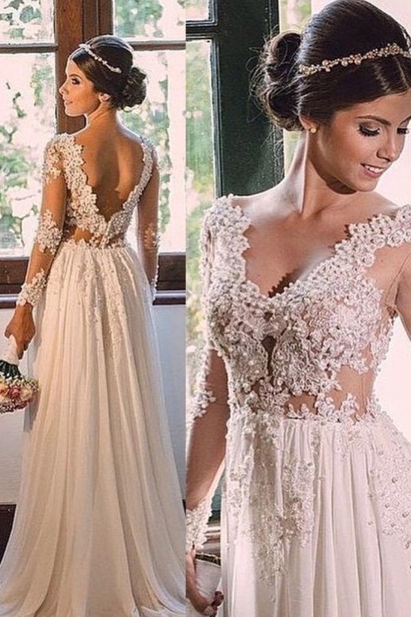 Simple A-Line Sweep Train Chiffon V-Neck Lace Backless Wedding Dress