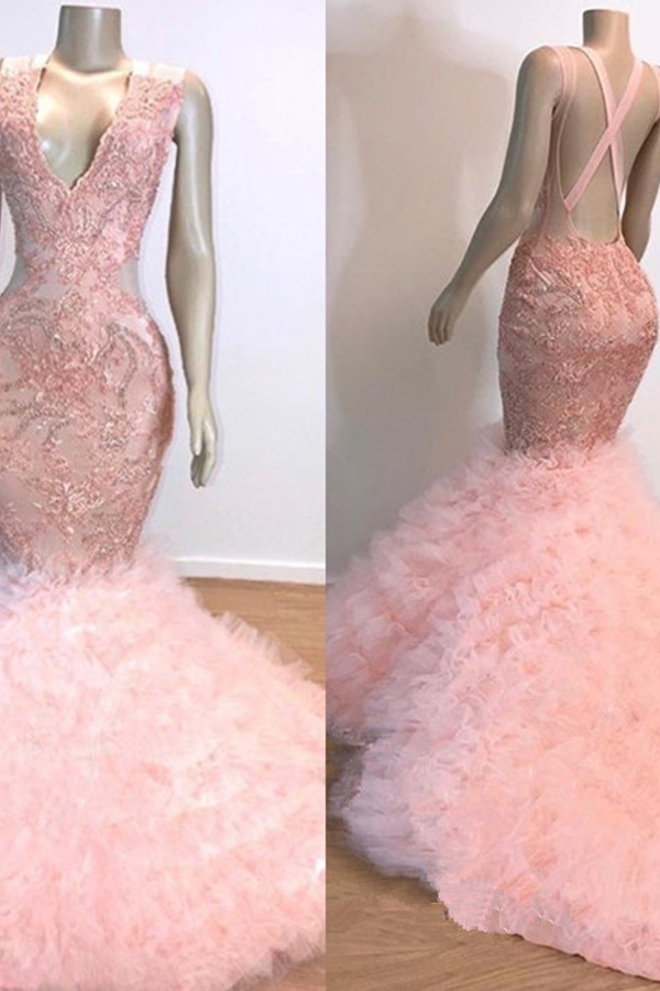 Pink V-Neck Sleeveless Mermaid Open Back Lace Prom Dress | Sexy Evening Dress