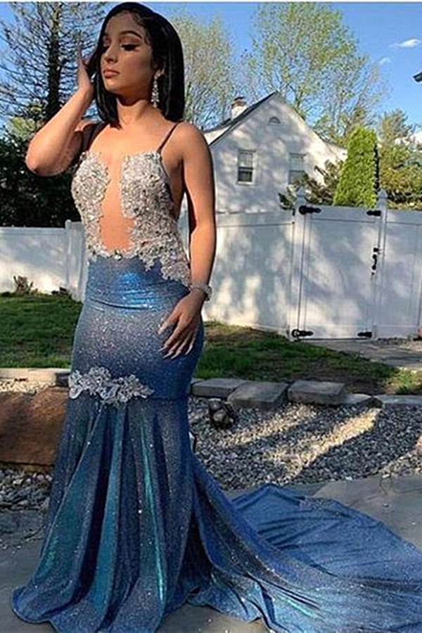 Sparkle Navy Blue Lace Applique Mermaid Prom Dress