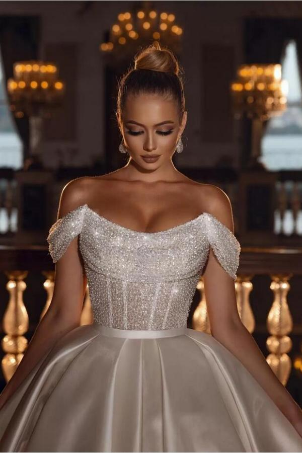 Luxurious Off-Shoulder Glitter Sequin Ball Gown Wedding Dress