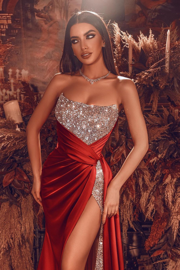 Sexy Strapless Glitter Sequins Crystals Evening Gown with Side Slit