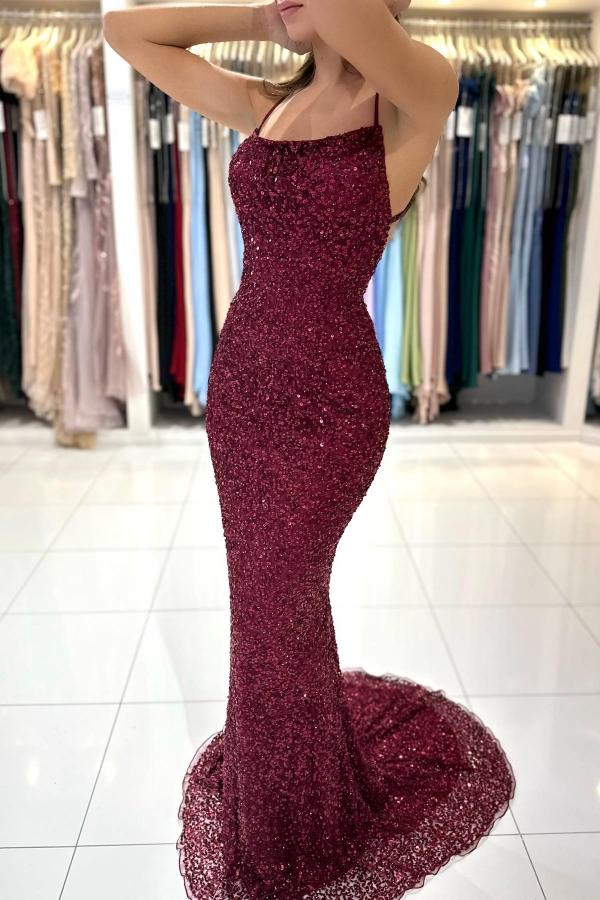 Wine Red Long Evening Dress | Cheap Glitter Prom Dress