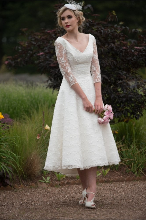 Gorgeous White 3/4 Sleeve V-Neck Short Garden Wedding Dress