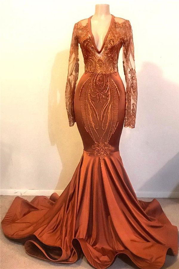 Dust Orange Mermaid Prom Dress with Sleeves | V-Neck Lace Appliqués Evening Dress