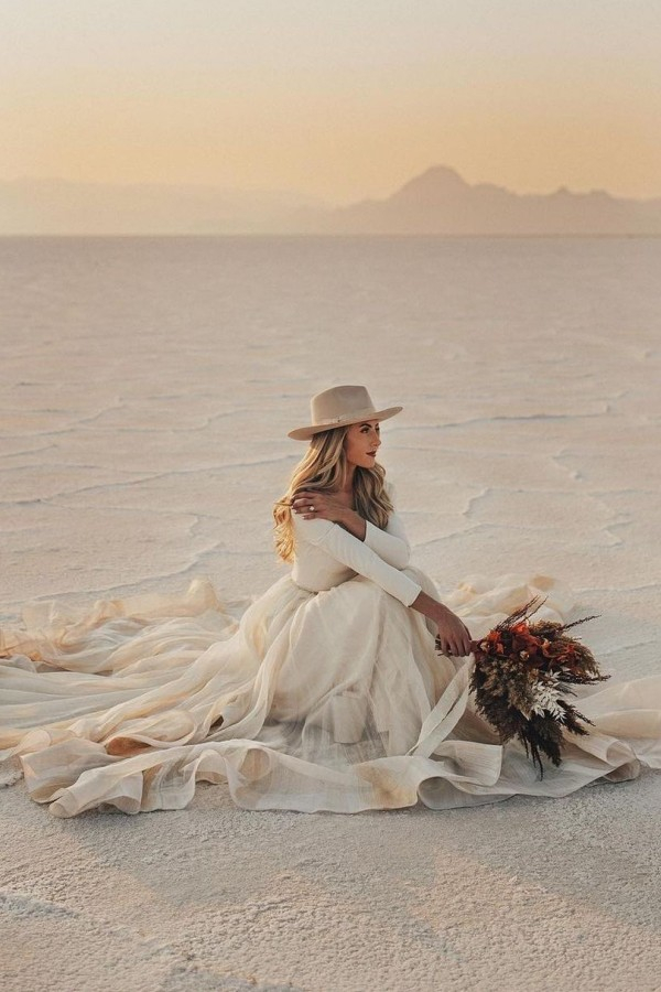 Designer A-Line Long Train Belted Sleeve Wedding Dress