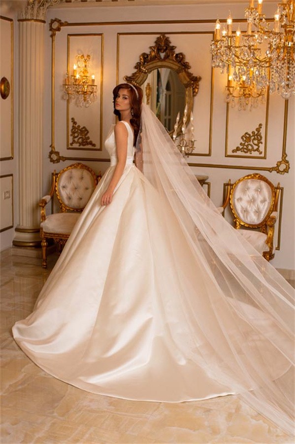 Cream A-Line Sleeveless Minimalist Satin Wedding Dress | Cheap wedding dress