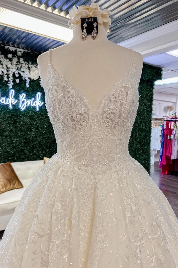 Chic Floral Lace Aline Wedding Dress V-Neck Sleeveless Backless Bridal Dress