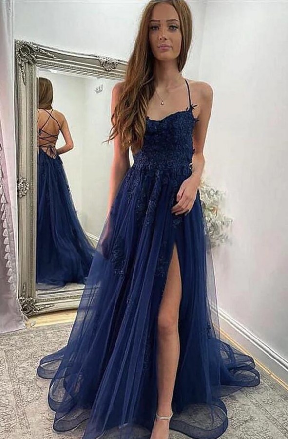 Chic Long Blue Evening Dress | Lace Prom Dress