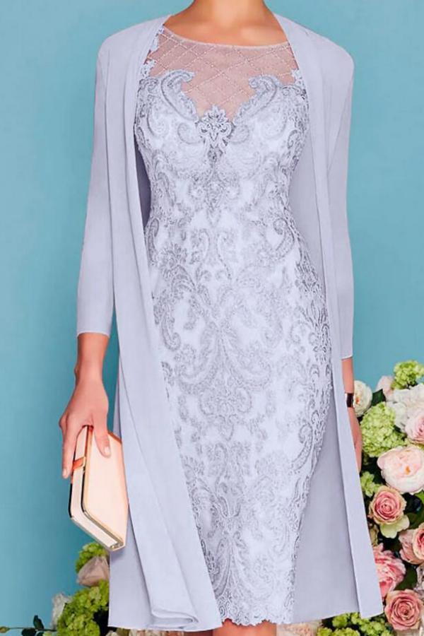 Scoop Neck Two-Piece Mermaid Slim Mother of the Bride Dress Chiffon 3/4 Sleeves Wedding Guest Outfits