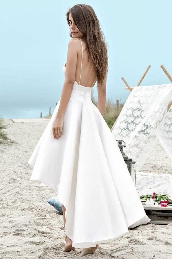 Sleeveless A-Line Asymmetrical Satin Spaghetti Strap Ruched Wedding Dress