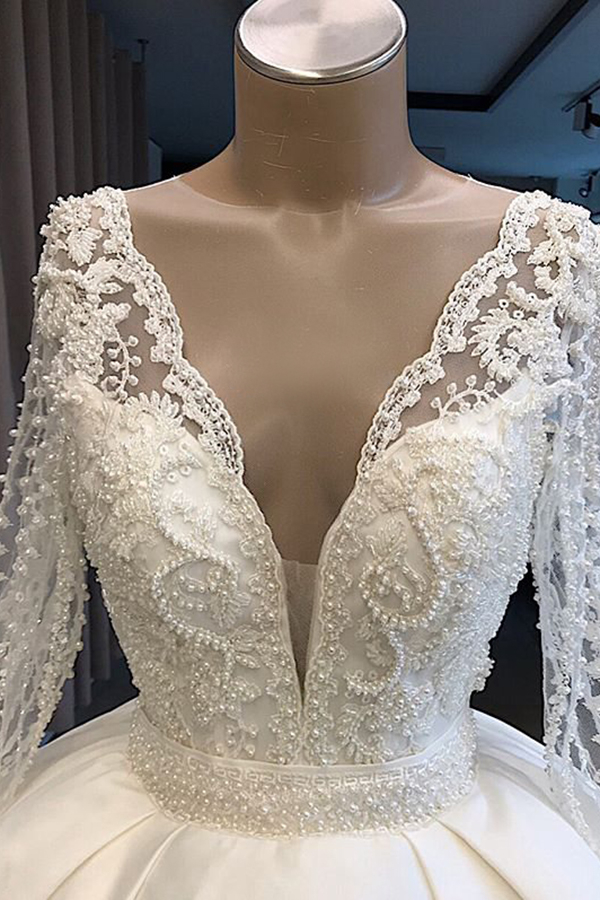 Long Sleeve Plunging V-Neck Ball Gown Satin Wedding Dress with Pearls