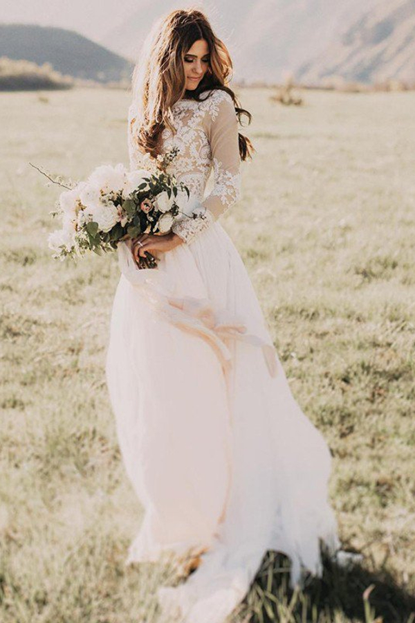 Long Sleeve Floor-Length Applique Tulle A-Line Scoop Wedding Dress
