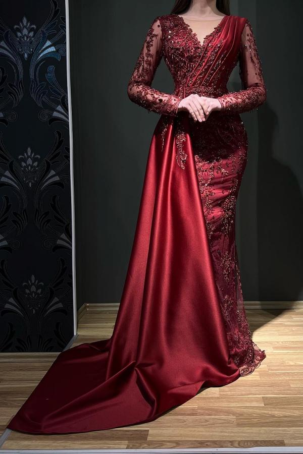 Designer Long Wine Red Evening Dresses | Lace Prom Dresses with Sleeves