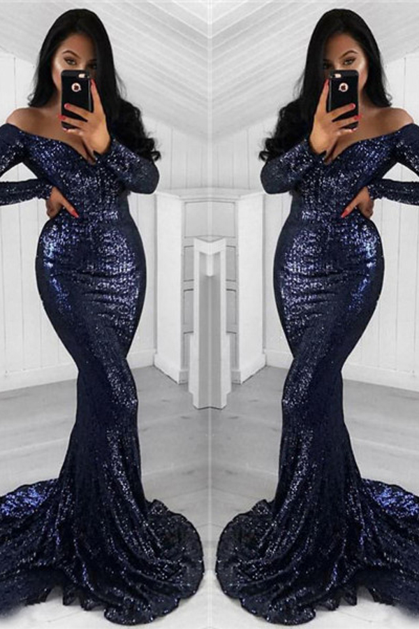 Black Mermaid Sequin Prom Dress | Off-Shoulder Long Sleeve Evening Gown