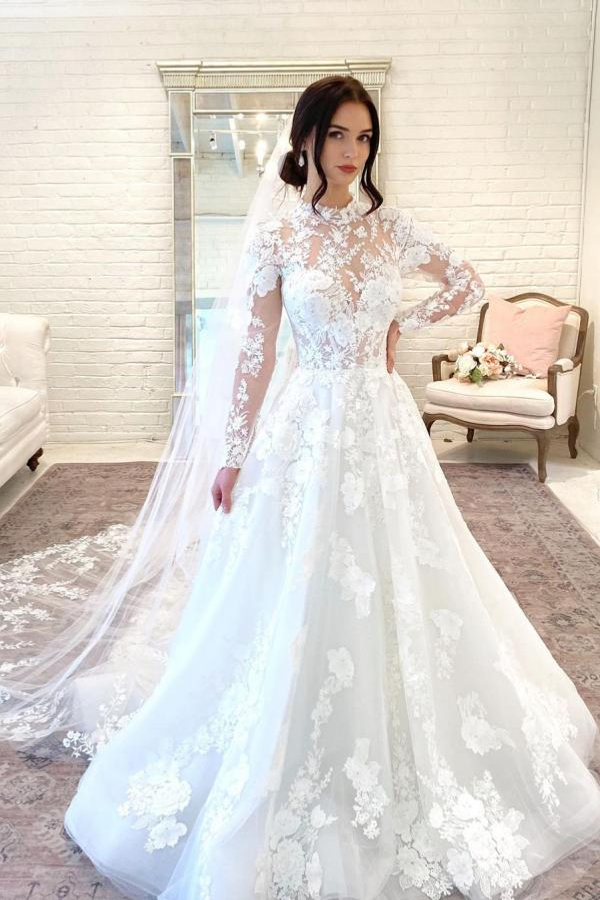 Floral Lace A-Line Long Sleeve Floor-Length Wedding Dress