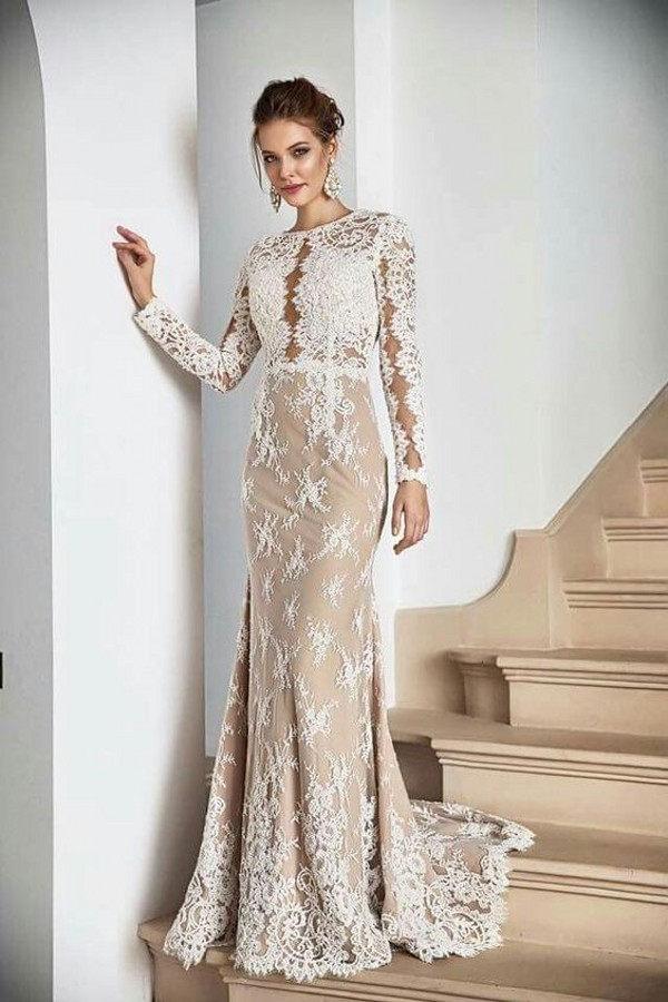 Boho White Lace Appliqués Mermaid Evening Maxi Gown | Long Sleeves Floor Length