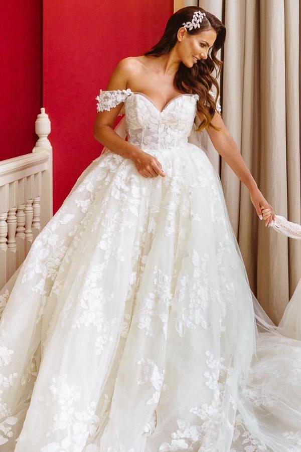 Elegant Off Shoulder Sleeveless A Line Lace Wedding Dresses Bridal Gowns