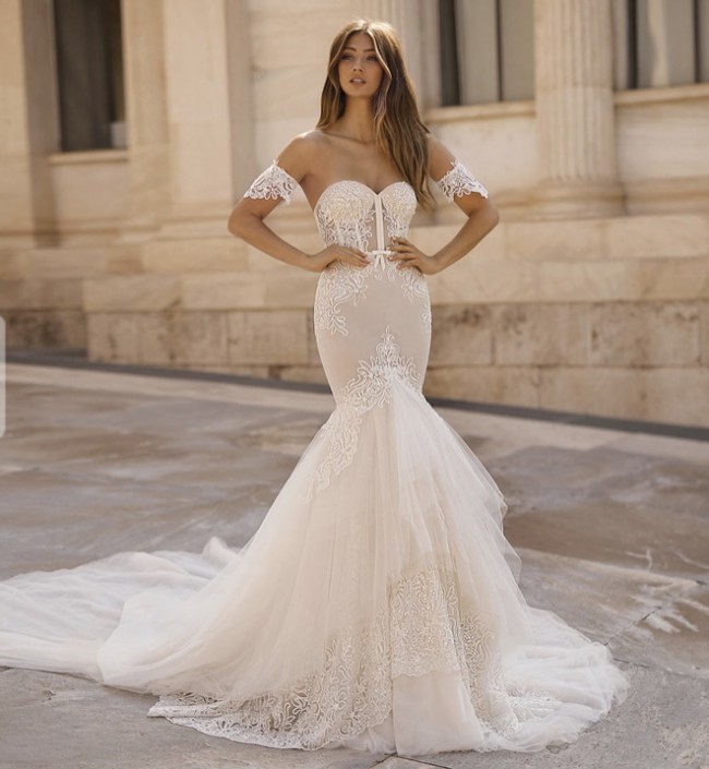 Off-Shoulder Puffy Tulle Wedding Dress with Mermaid Applique and Sweep Train