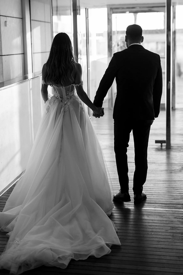 Off-Shoulder Printed Lace Tulle Wedding Dress
