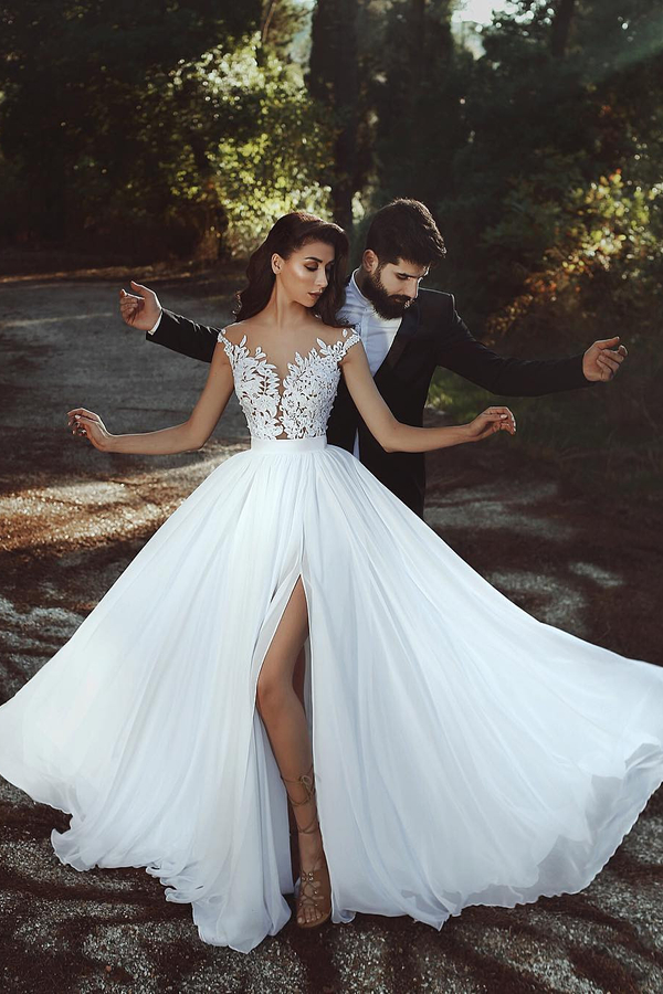 Lace Applique Chiffon Wedding Dress with Front Slit and Sheer Design