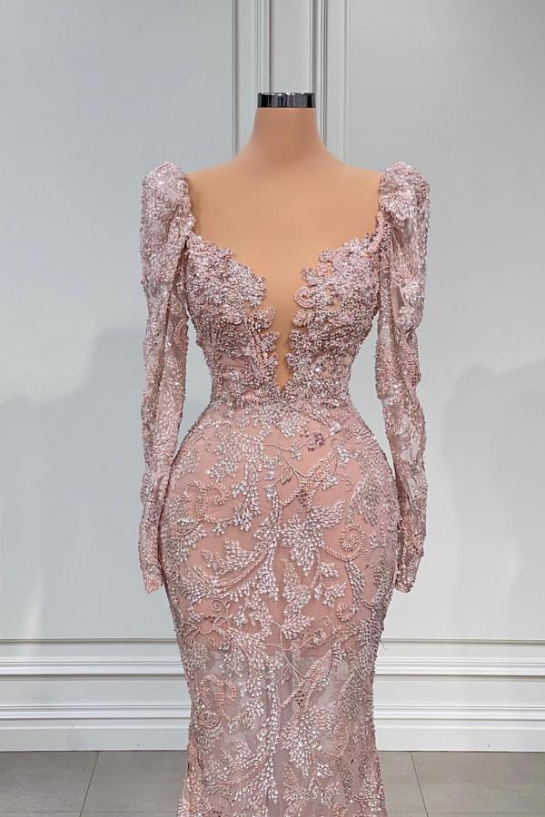 Sexy Pink Sweetheart Long Sleeve Lace Mermaid Prom Dress Evening Gowns