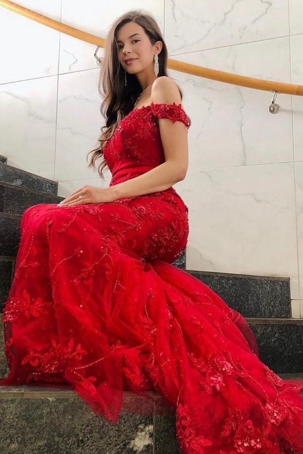 Elegant Long Red Card-Shoulder Evening Dress | Glitter Prom Dresses