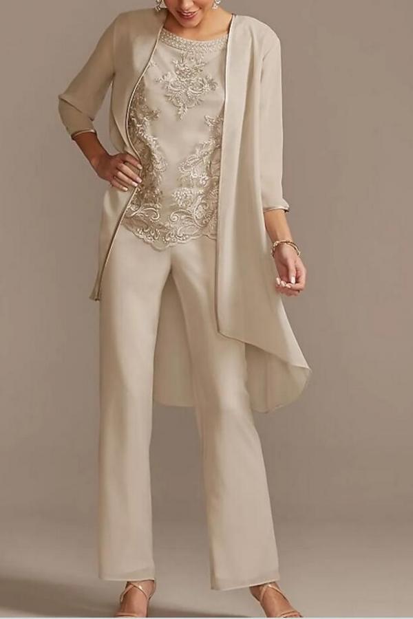 Chiffon Mother of the Bride Dress Scoop Neck Floral Lace Jumpsuit Wedding Guest Dress