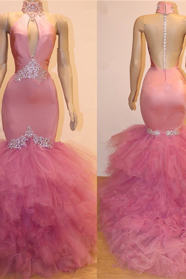 Pink Tulle Mermaid Prom Dress | High Neck Keyhole Beaded Evening Dress | Cheap