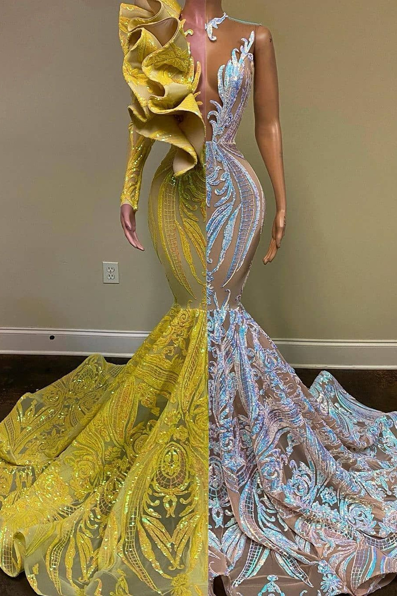 Half Yellow Half White Sequin Flowers Prom Dress