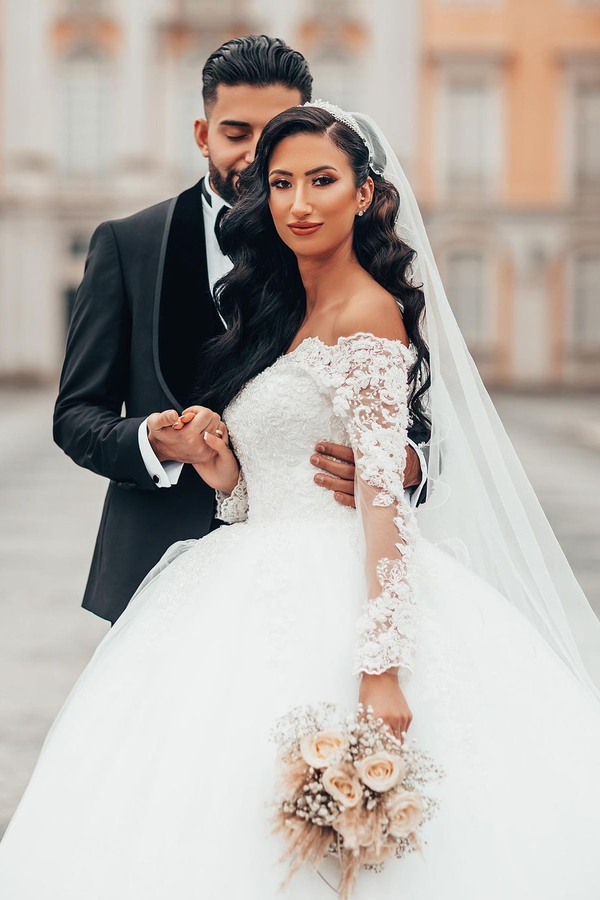 Gorgeous White Long Sleeve Lace Ball Gown with Floral Tulle