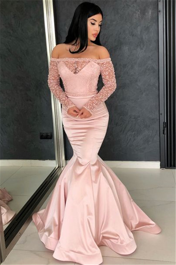 Pink Long Sleeve Off-the-Shoulder Evening Dress | Lace Mermaid Evening Gown